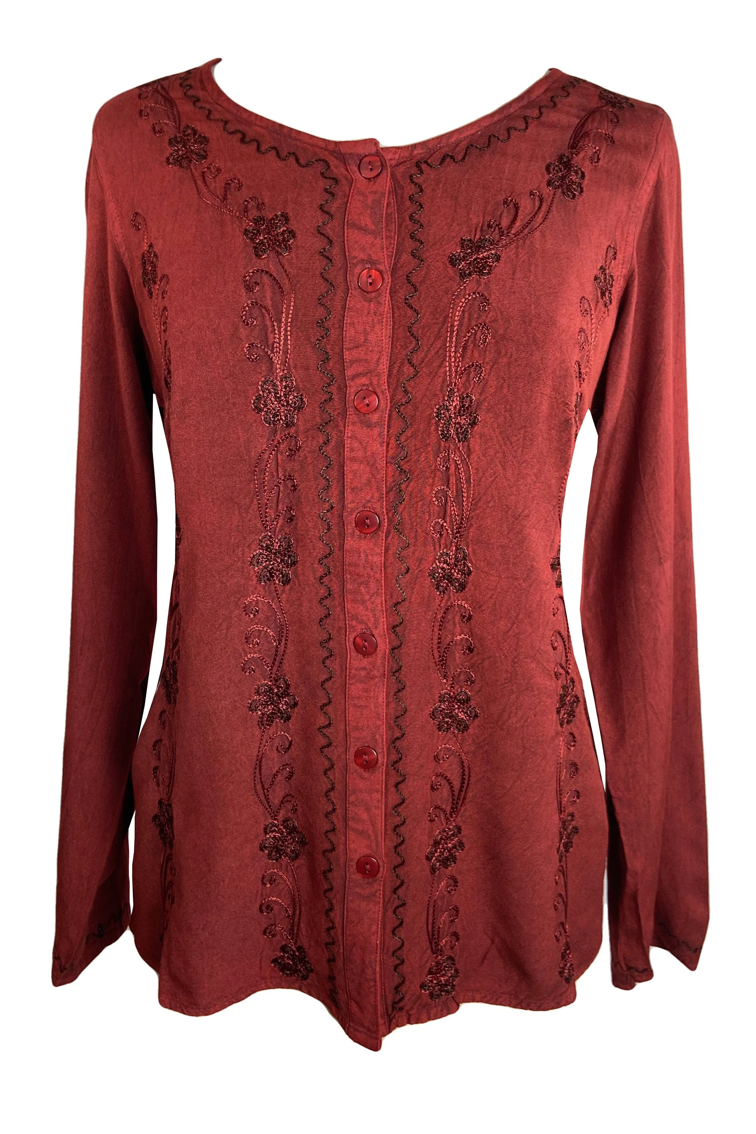 27 707 B Women's Boho Medieval Embroidered Button Down Full Sleeve Shirt Blouse