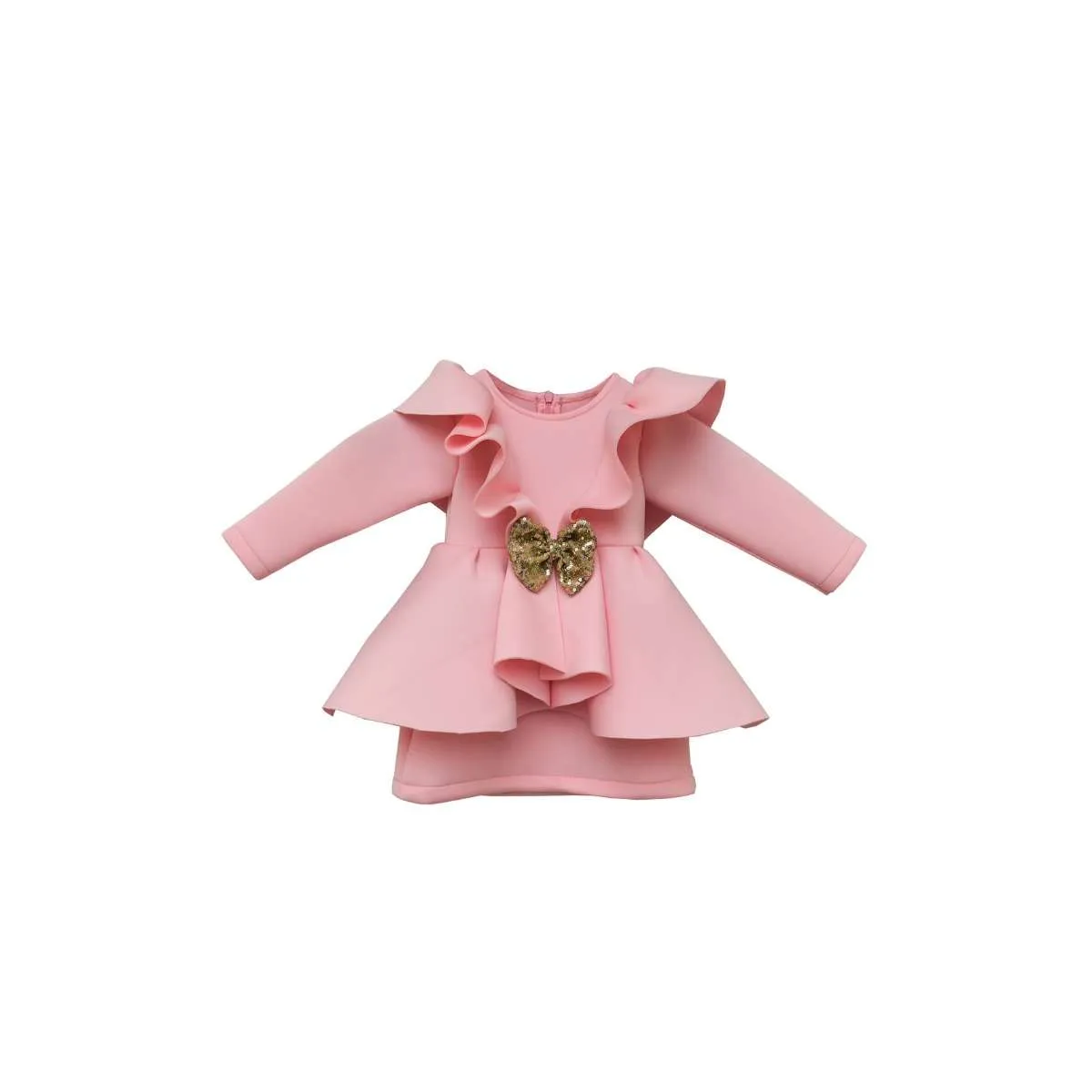 Baby Pink Ruffle Dress In Scuba Fabric With Peplum Waist By Fayon Kids