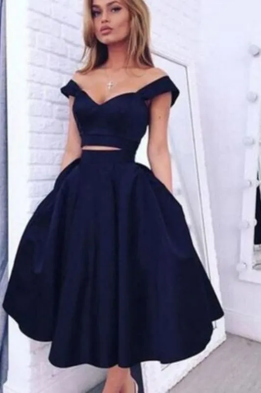 Best Fascinating Two Pieces Off Shoulder Navy Blue Homecoming Dresses Short Prom Gowns