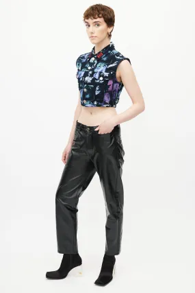 Black Faux Leather Logo Trouser