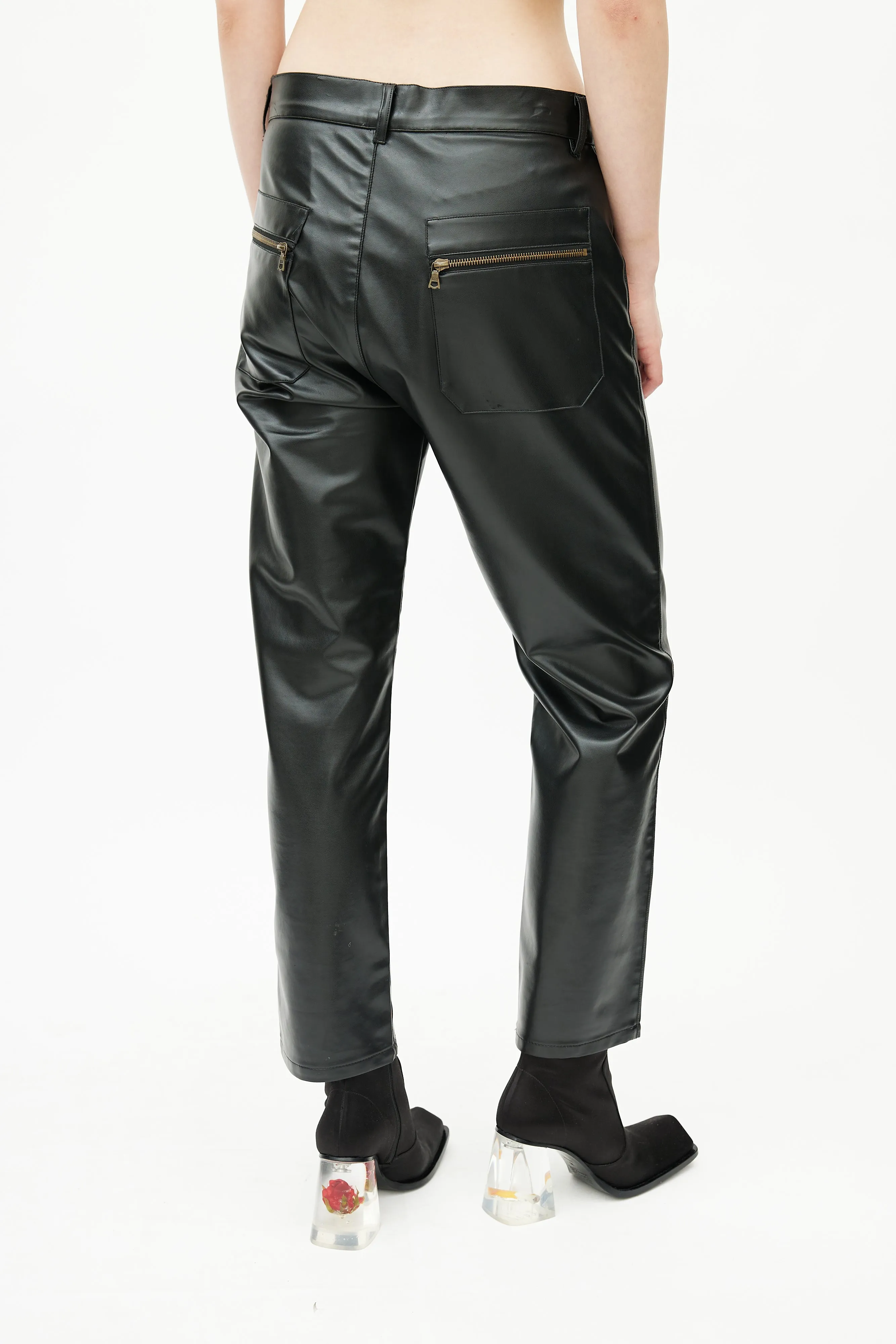 Black Faux Leather Logo Trouser