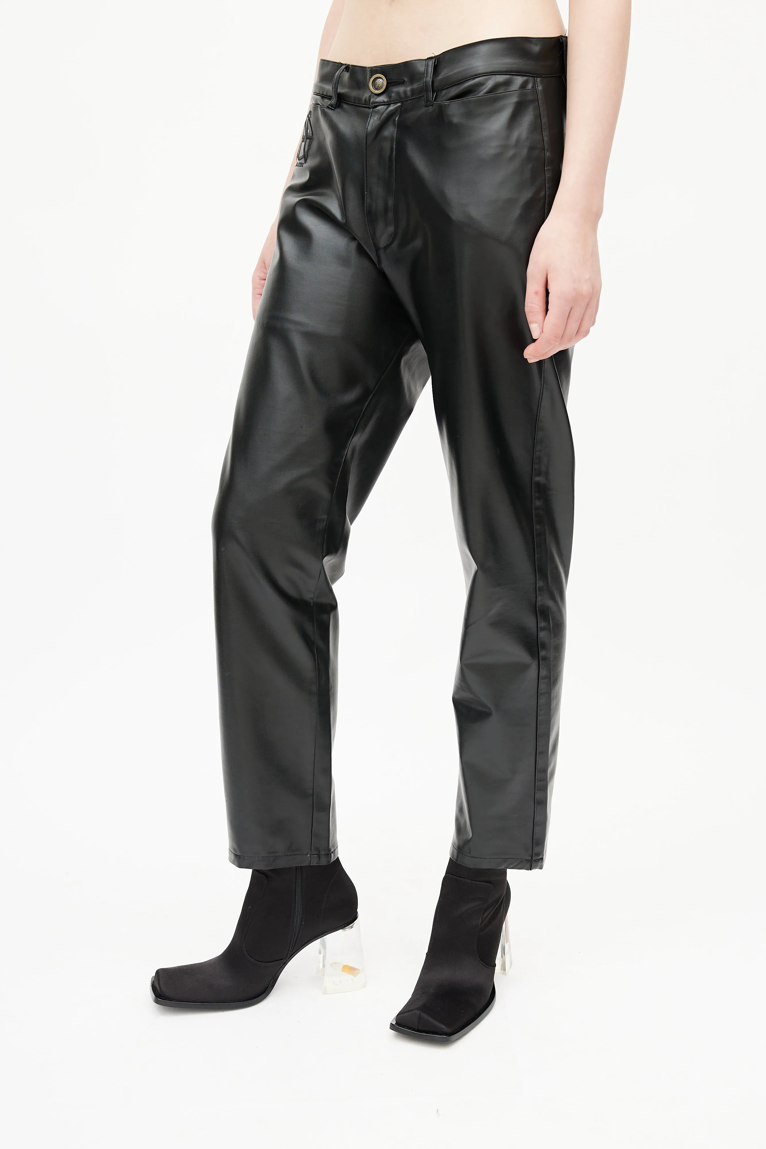 Black Faux Leather Logo Trouser