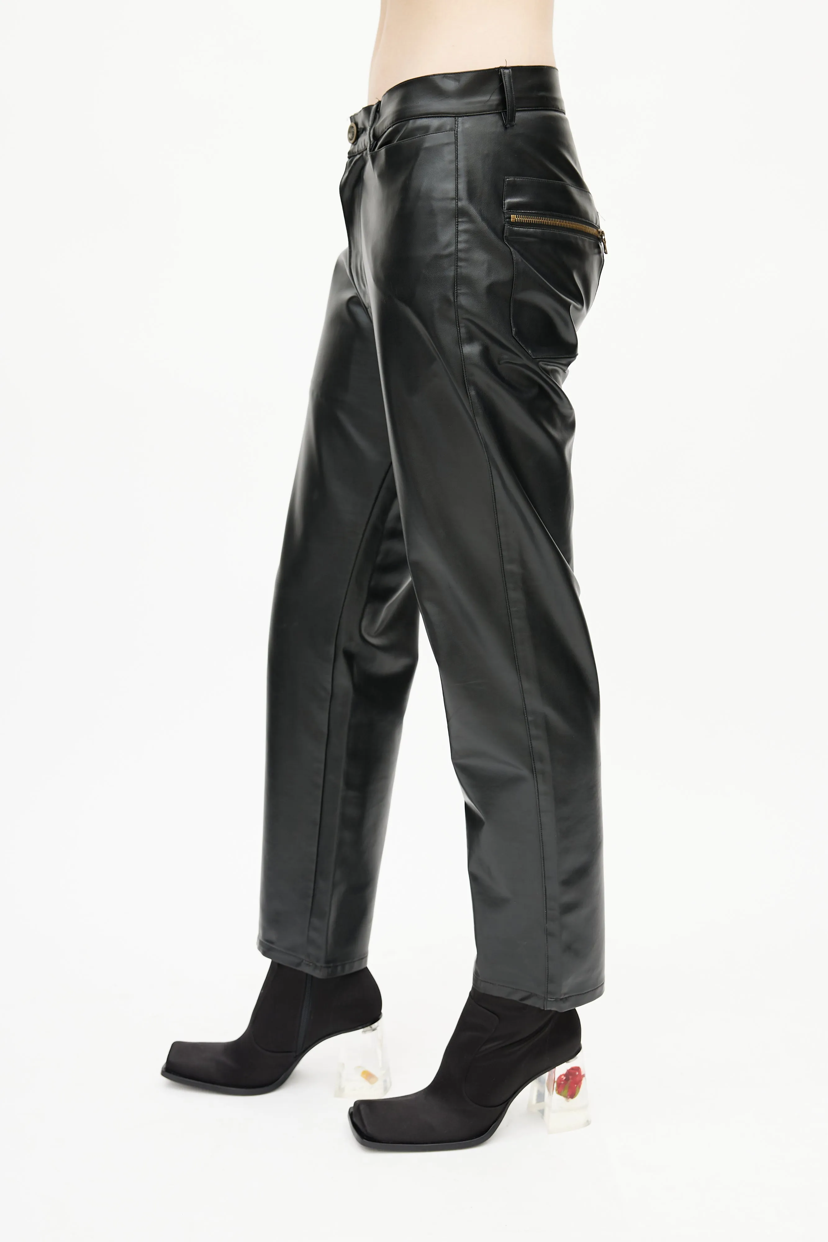 Black Faux Leather Logo Trouser