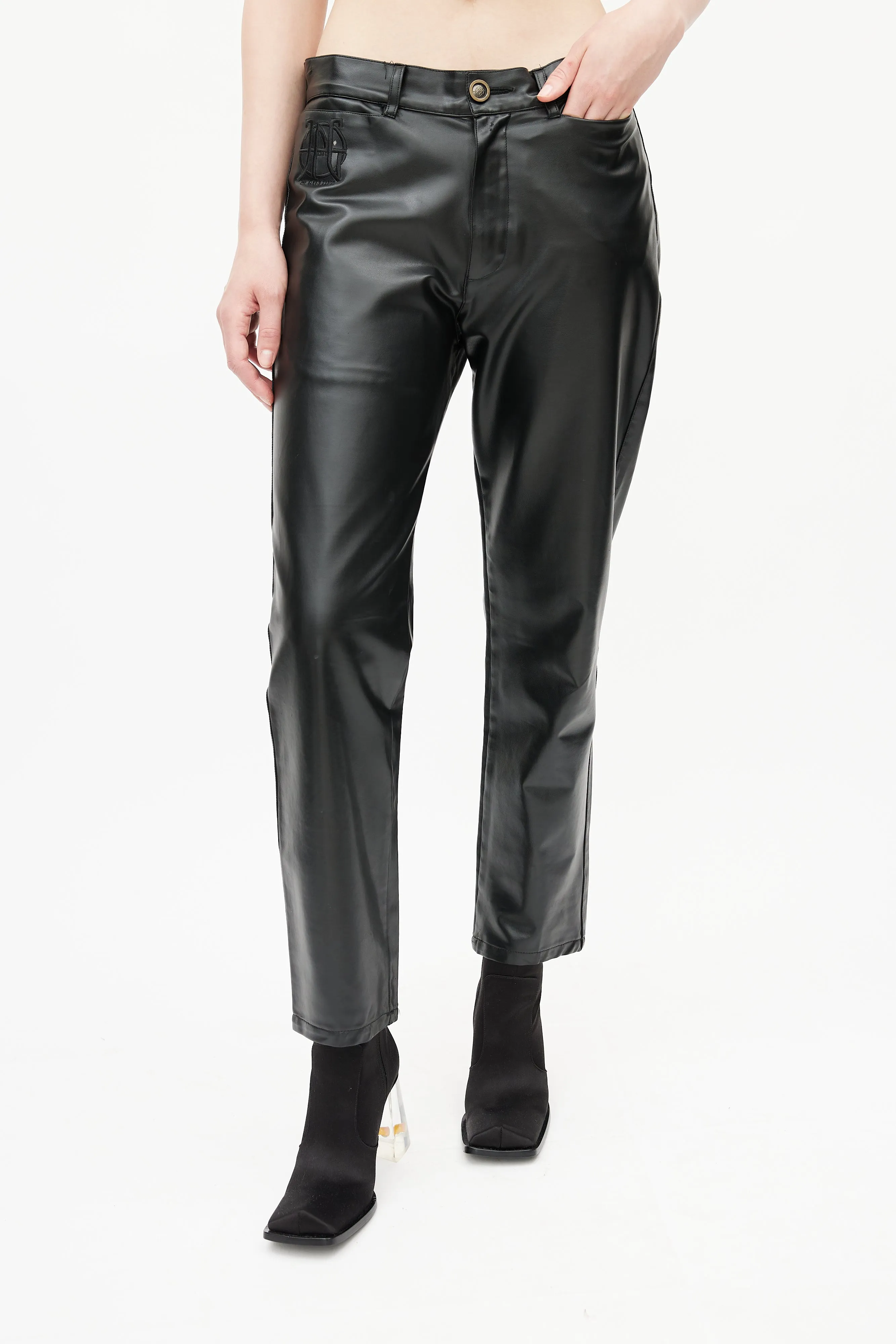 Black Faux Leather Logo Trouser