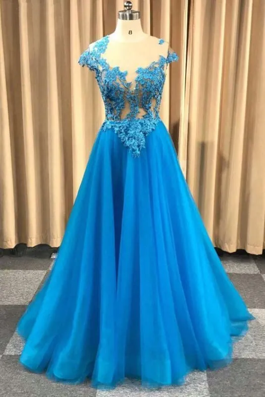 Blue Sheer Neck Appliqued Tulle Prom Gowns A Line Cap Sleeves Long Grduation Dresses