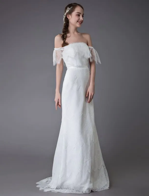 Boho Lace Wedding Dresses Off Shoulder Bridal Dress Beach Wedding Gowns