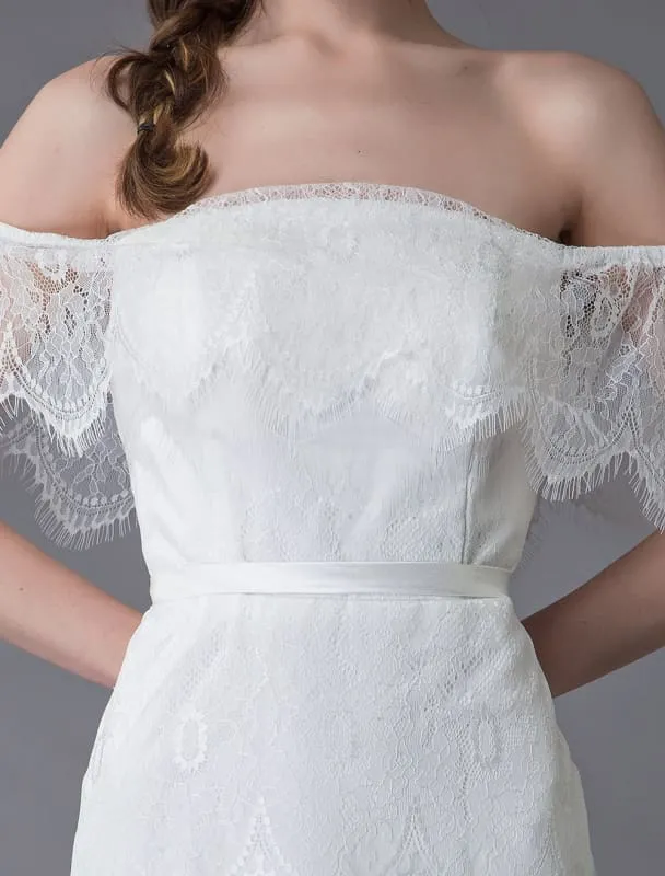 Boho Lace Wedding Dresses Off Shoulder Bridal Dress Beach Wedding Gowns