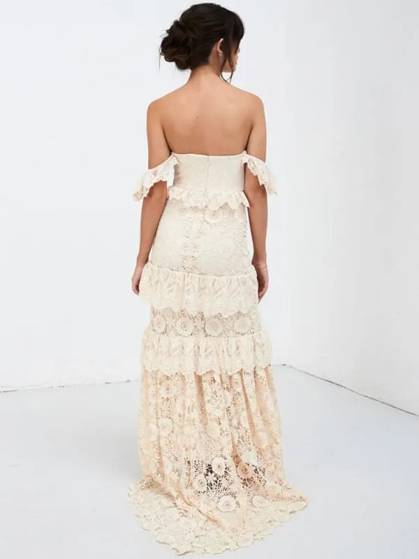 Boho Wedding Dress Off The Shoulder Floor Length Multilayer Lace Bridal Gowns