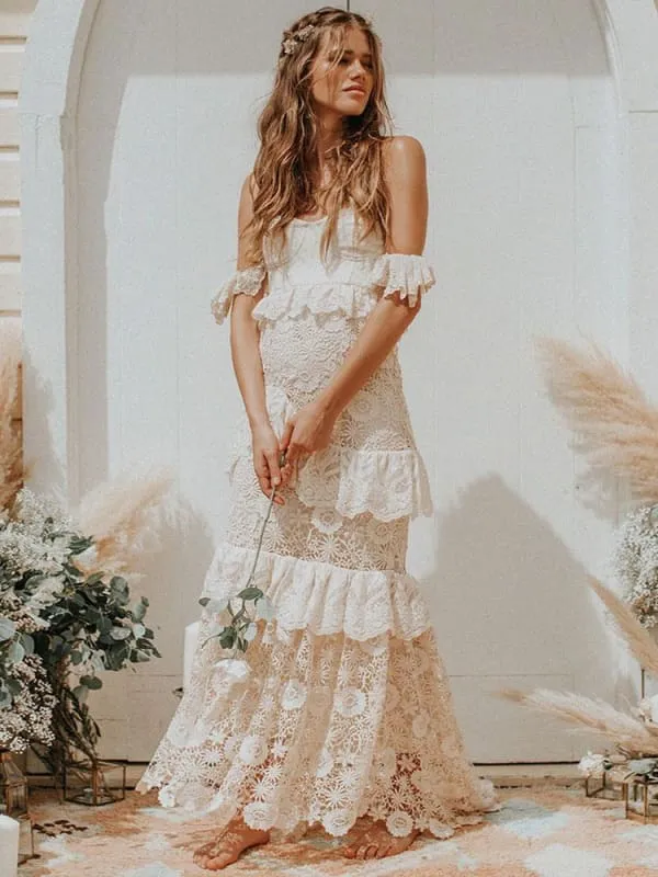 Boho Wedding Dress Off The Shoulder Floor Length Multilayer Lace Bridal Gowns