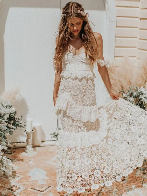 Boho Wedding Dress Off The Shoulder Floor Length Multilayer Lace Bridal Gowns