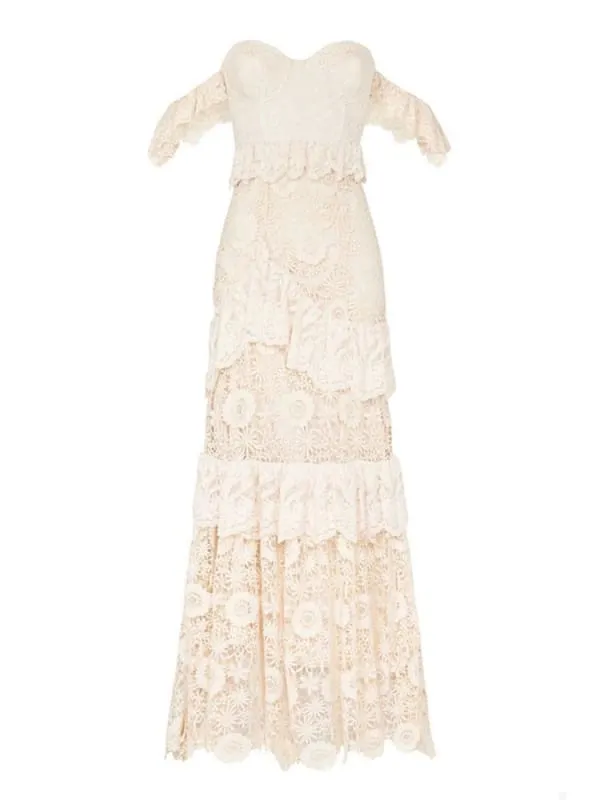 Boho Wedding Dress Off The Shoulder Floor Length Multilayer Lace Bridal Gowns