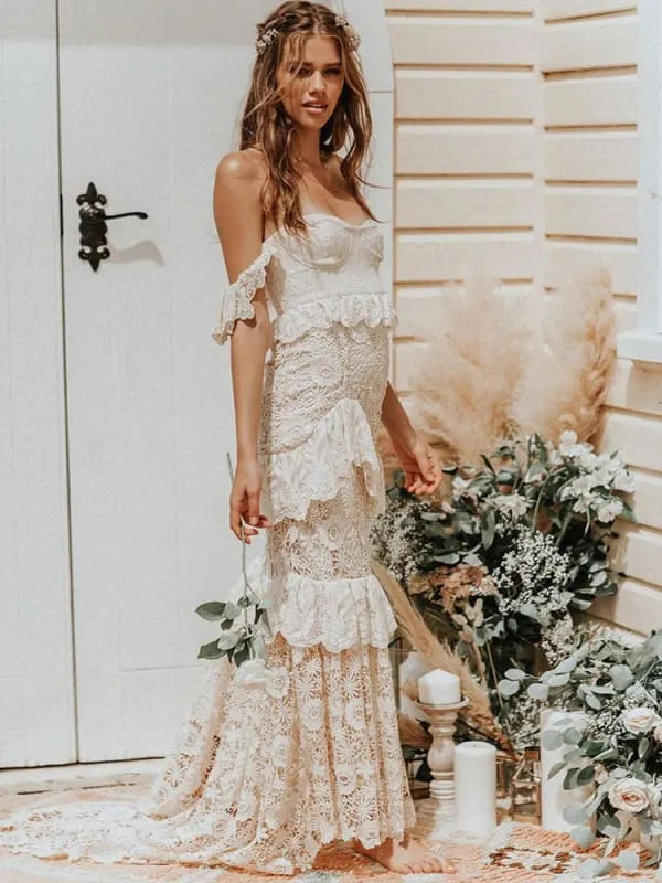 Boho Wedding Dress Off The Shoulder Floor Length Multilayer Lace Bridal Gowns