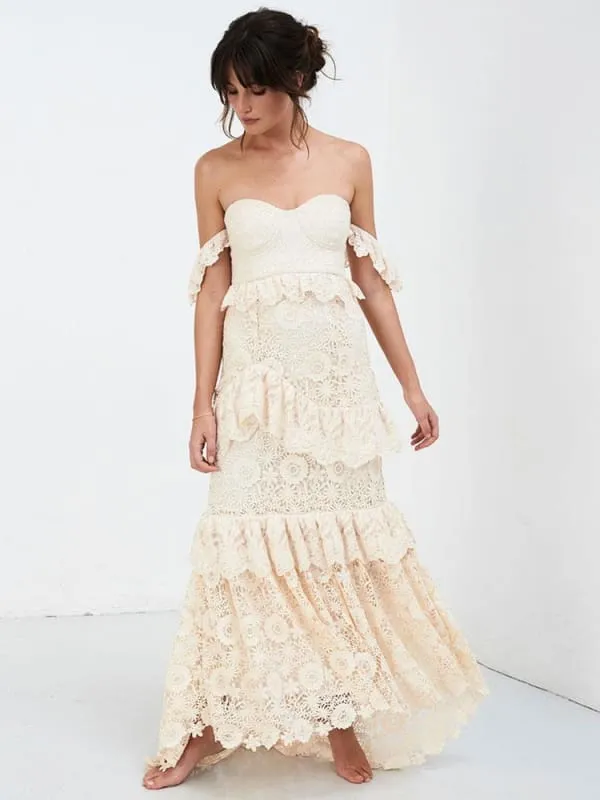 Boho Wedding Dress Off The Shoulder Floor Length Multilayer Lace Bridal Gowns