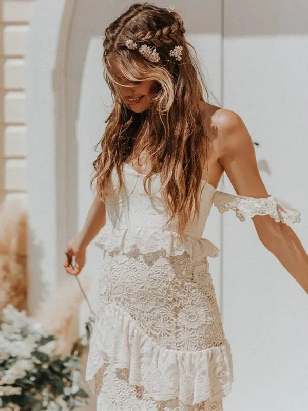 Boho Wedding Dress Off The Shoulder Floor Length Multilayer Lace Bridal Gowns