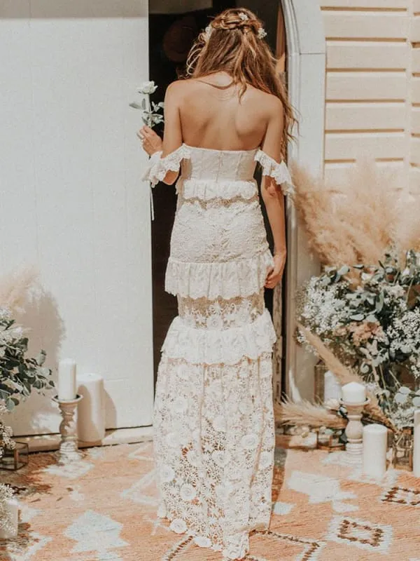 Boho Wedding Dress Off The Shoulder Floor Length Multilayer Lace Bridal Gowns