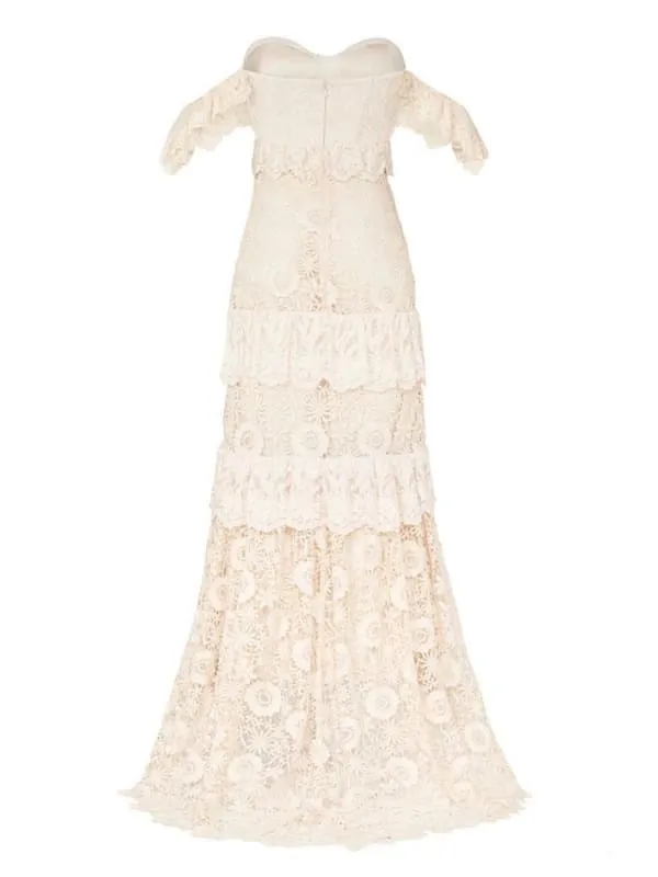 Boho Wedding Dress Off The Shoulder Floor Length Multilayer Lace Bridal Gowns
