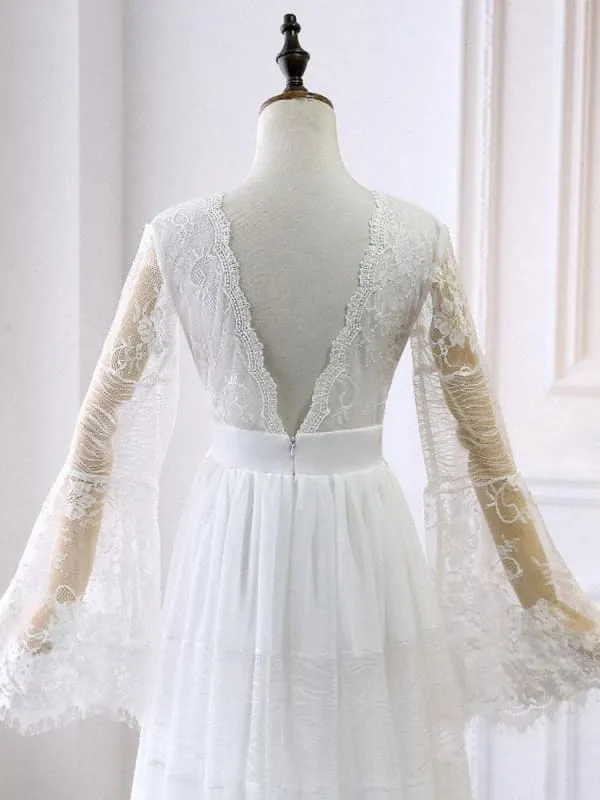 Boho Wedding Dresses A Line Deep V Neck Multilayer Lace Chiffon Beach Party Dress Bridal Gowns