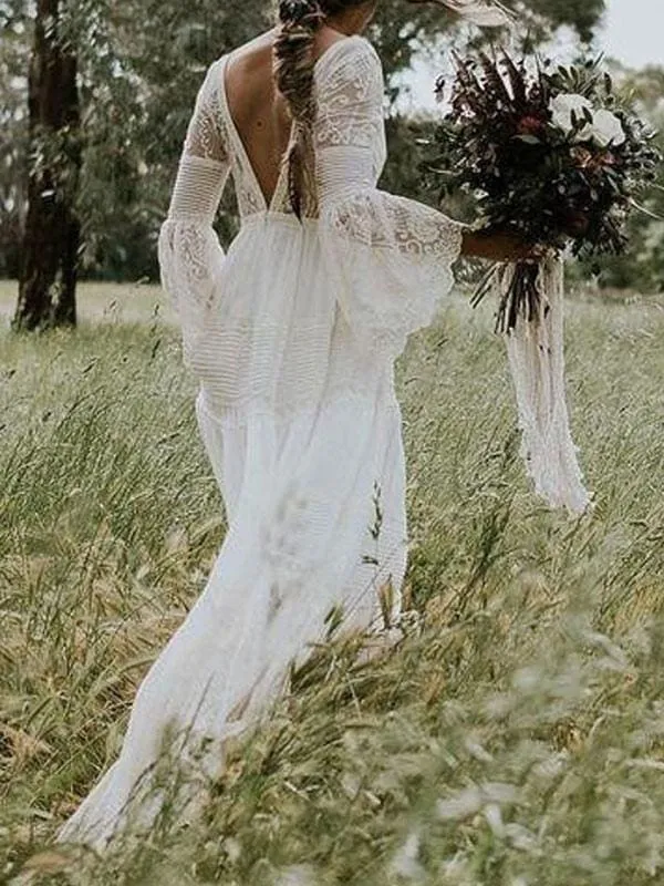 Boho Wedding Dresses A Line Deep V Neck Multilayer Lace Chiffon Beach Party Dress Bridal Gowns