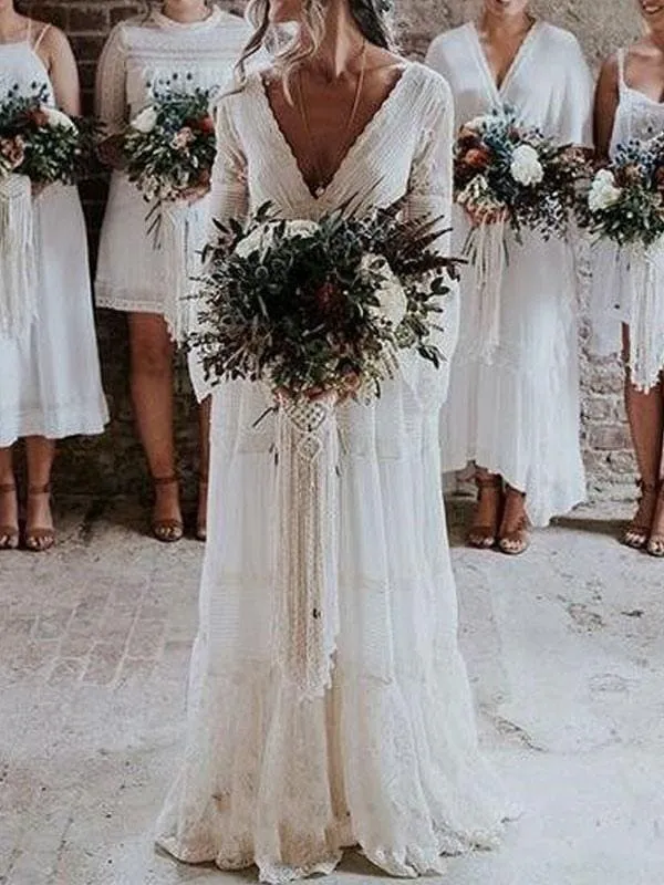 Boho Wedding Dresses A Line Deep V Neck Multilayer Lace Chiffon Beach Party Dress Bridal Gowns