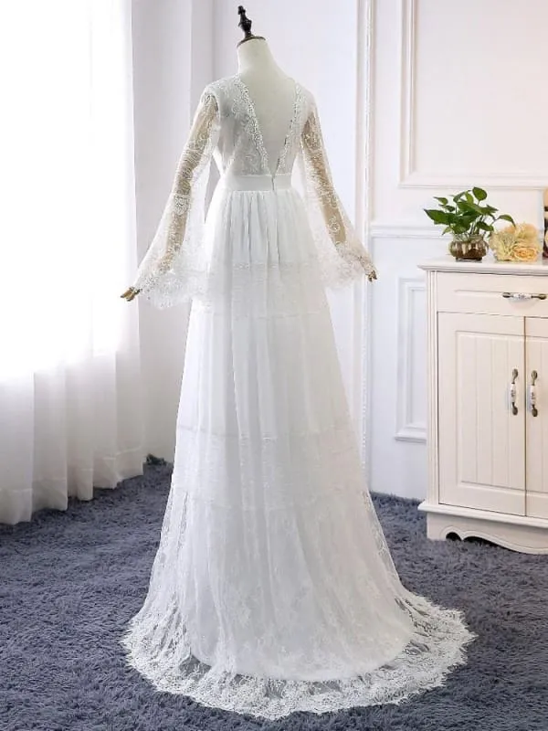 Boho Wedding Dresses A Line Deep V Neck Multilayer Lace Chiffon Beach Party Dress Bridal Gowns