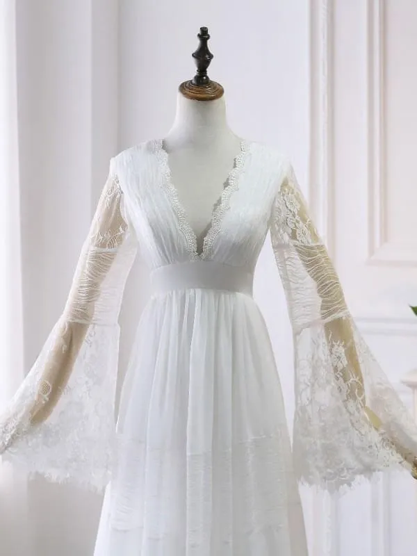 Boho Wedding Dresses A Line Deep V Neck Multilayer Lace Chiffon Beach Party Dress Bridal Gowns