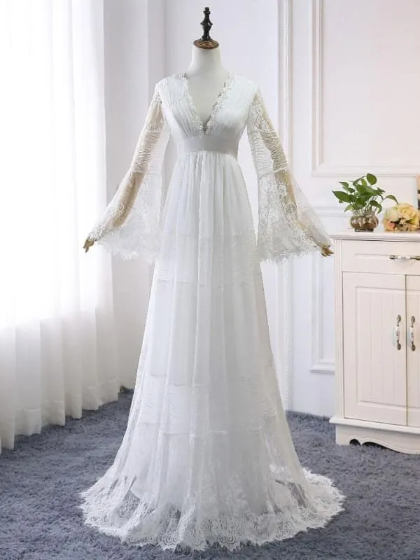Boho Wedding Dresses A Line Deep V Neck Multilayer Lace Chiffon Beach Party Dress Bridal Gowns