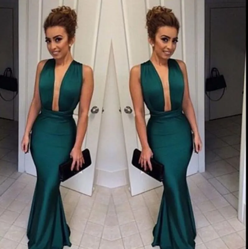 Bridelily Dark Green Mermaid Prom Dresses 2019 Deep V Neck Long Sexy Evening Gowns
