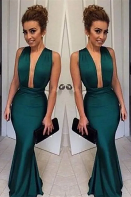Bridelily Dark Green Mermaid Prom Dresses 2019 Deep V Neck Long Sexy Evening Gowns