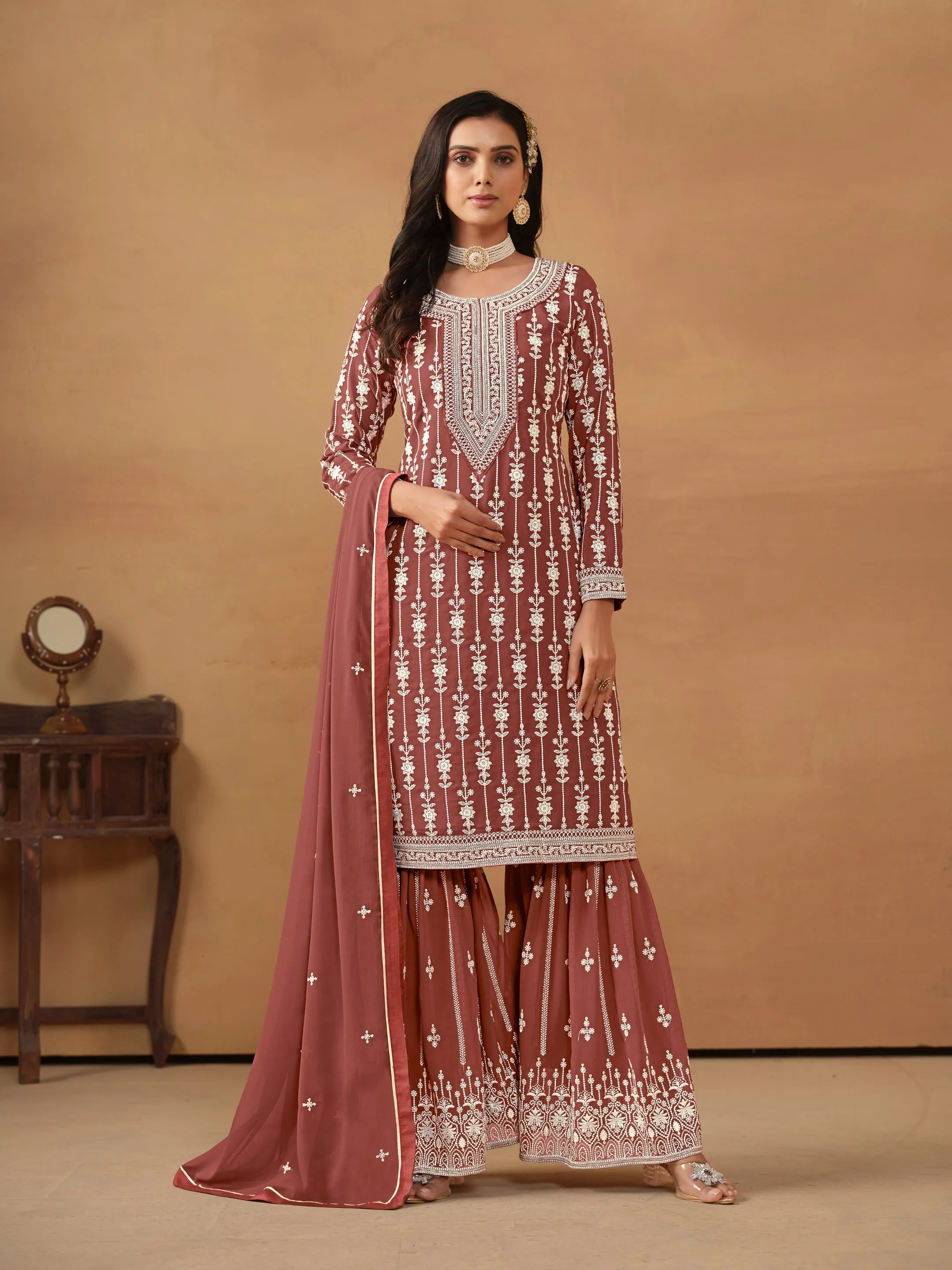 Brown Real Pure Faux Georgette Heavy Embroidered Palazzo Suit
