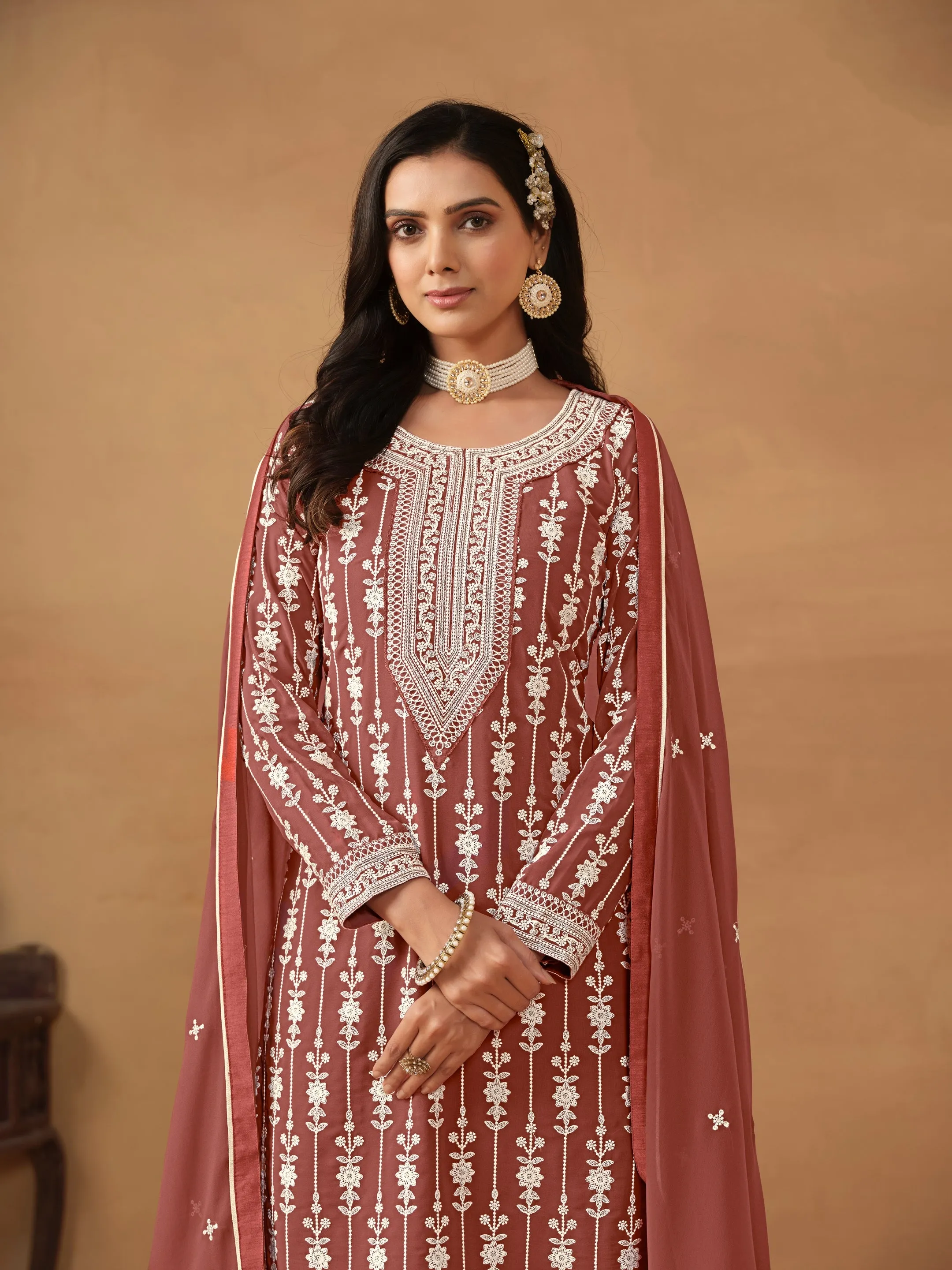 Brown Real Pure Faux Georgette Heavy Embroidered Palazzo Suit