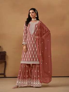Brown Real Pure Faux Georgette Heavy Embroidered Palazzo Suit