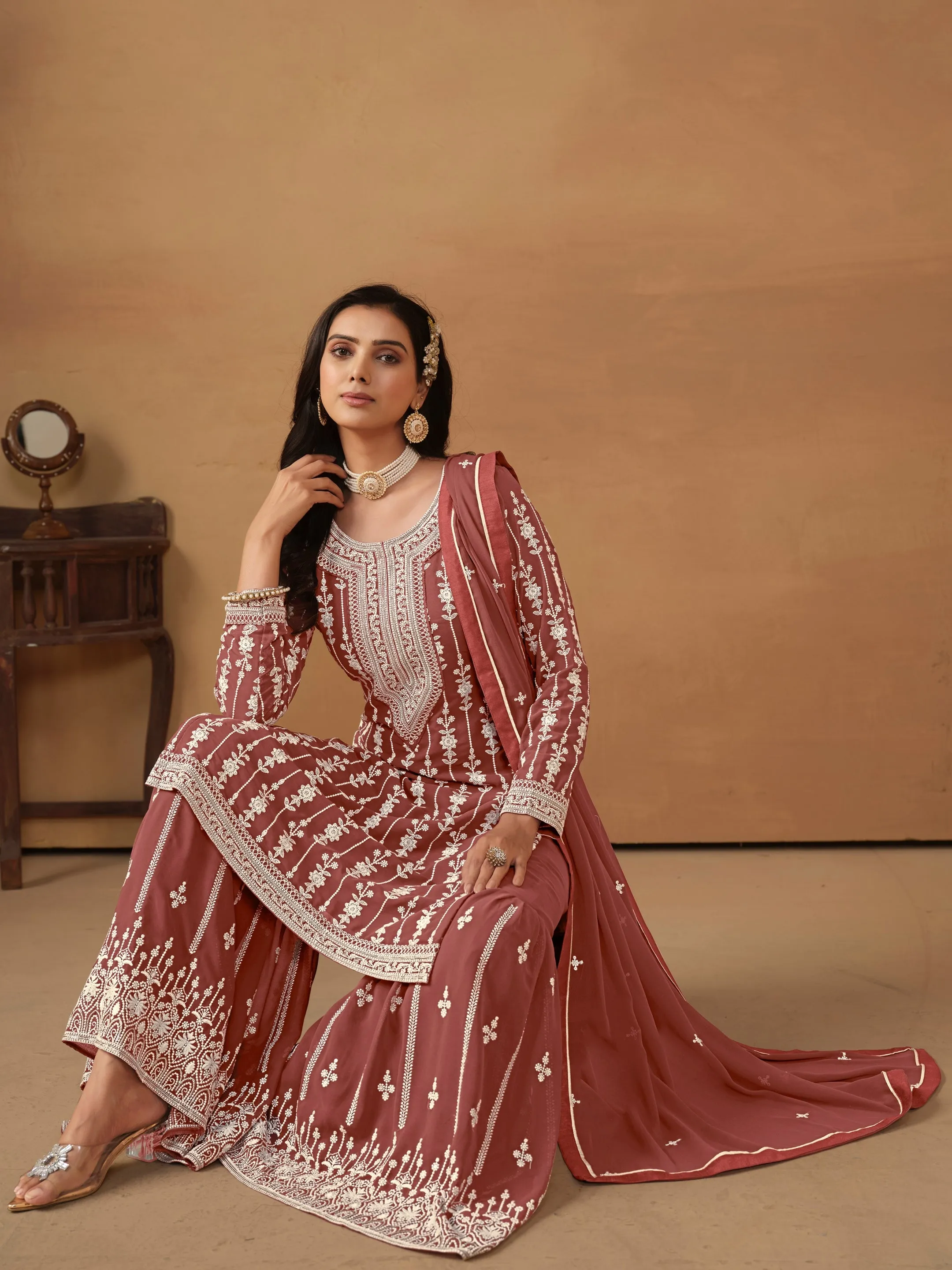 Brown Real Pure Faux Georgette Heavy Embroidered Palazzo Suit