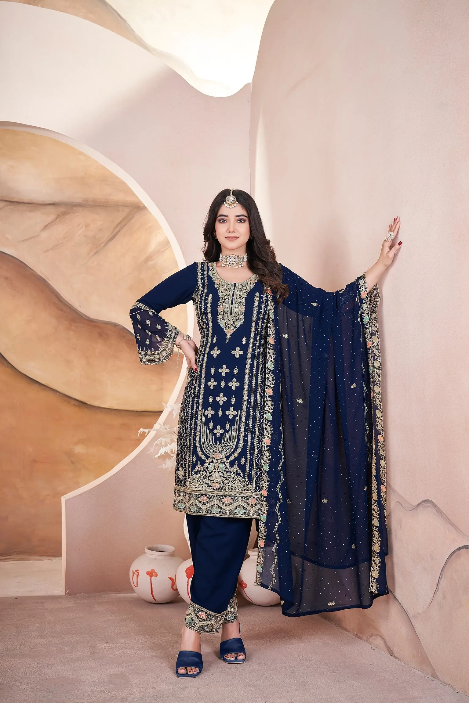 Dark Blue Pure Georgette Heavy Embroidered Work Salwar Suit