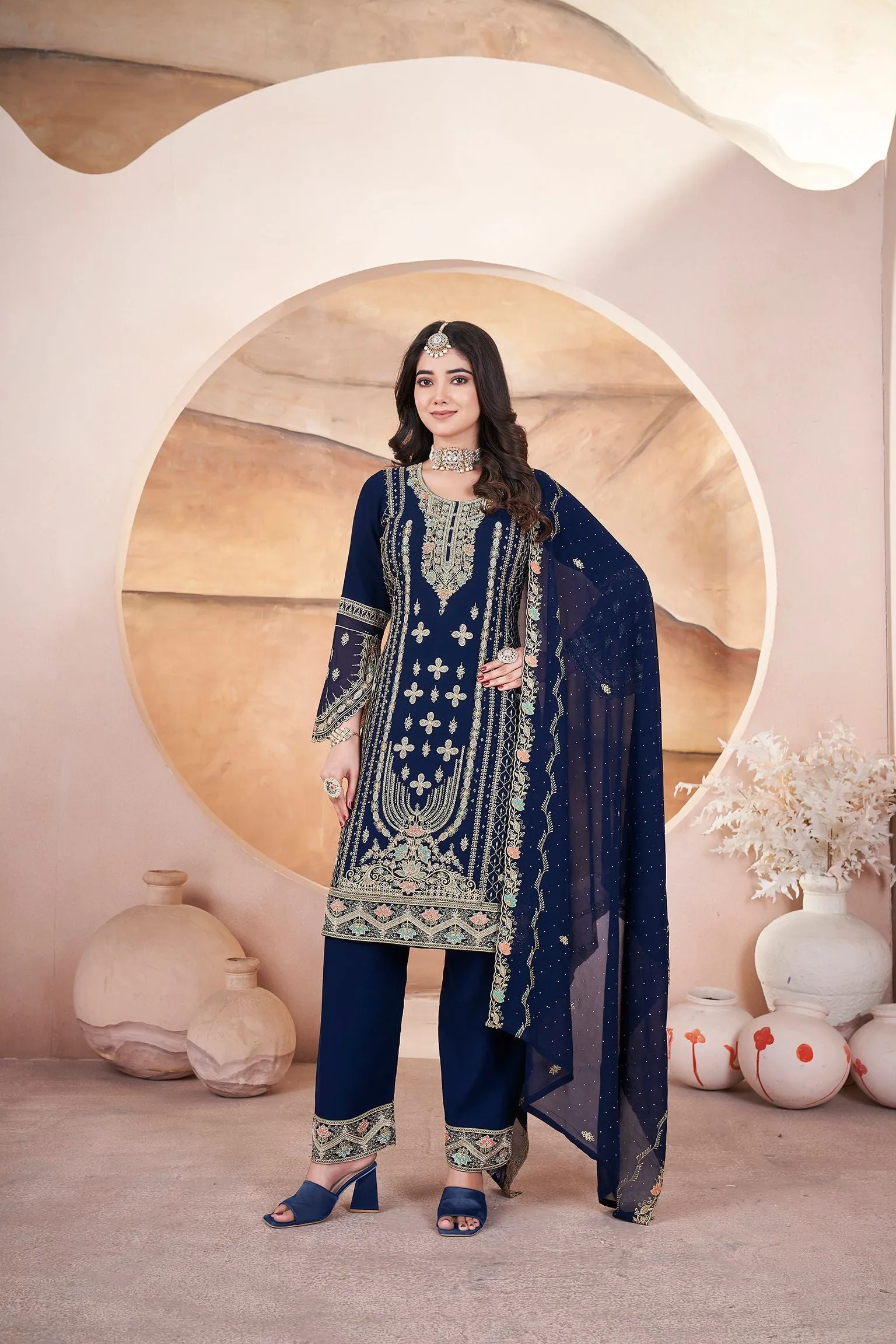 Dark Blue Pure Georgette Heavy Embroidered Work Salwar Suit