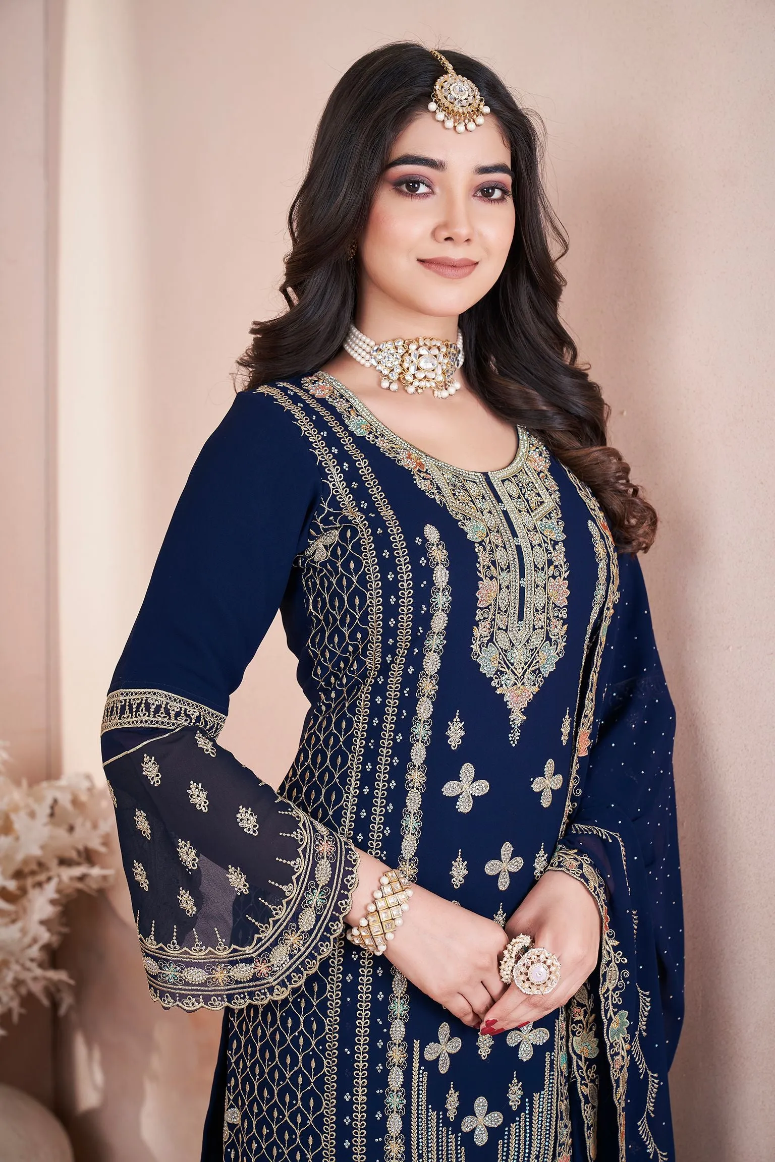 Dark Blue Pure Georgette Heavy Embroidered Work Salwar Suit