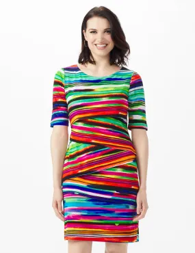 Elbow Sleeve Watercolor Stripe Bandage Dress