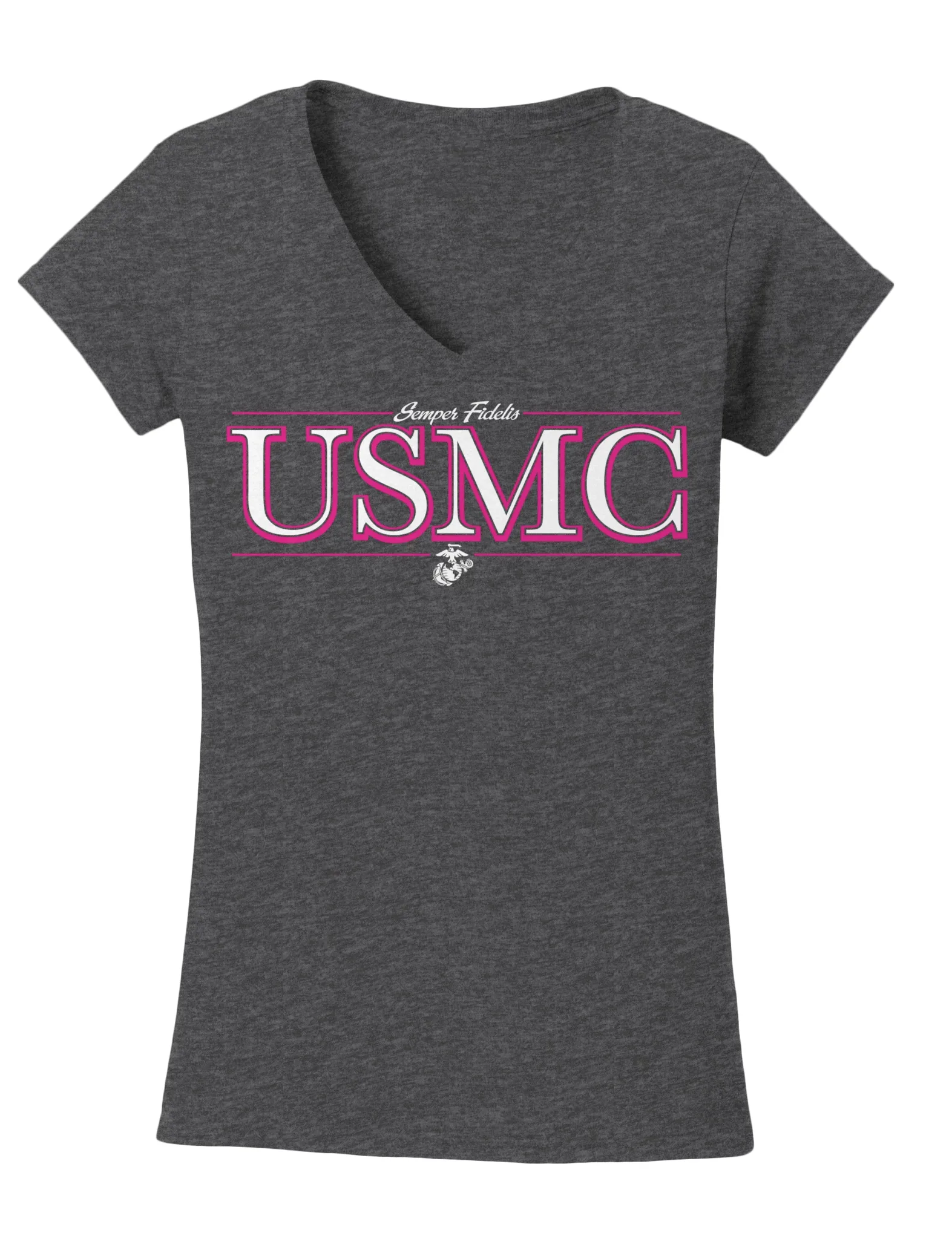 Flash USMC Ladies V-Neck Tee-Graphite Heather