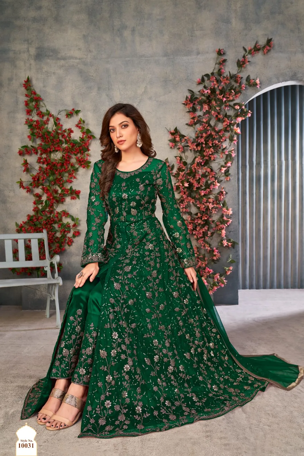 Green Soft Net Silk Heavy Embroidered Palazzo Suit