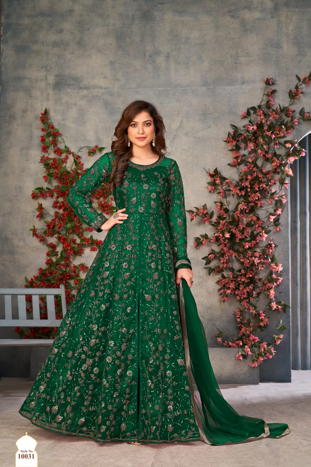Green Soft Net Silk Heavy Embroidered Palazzo Suit