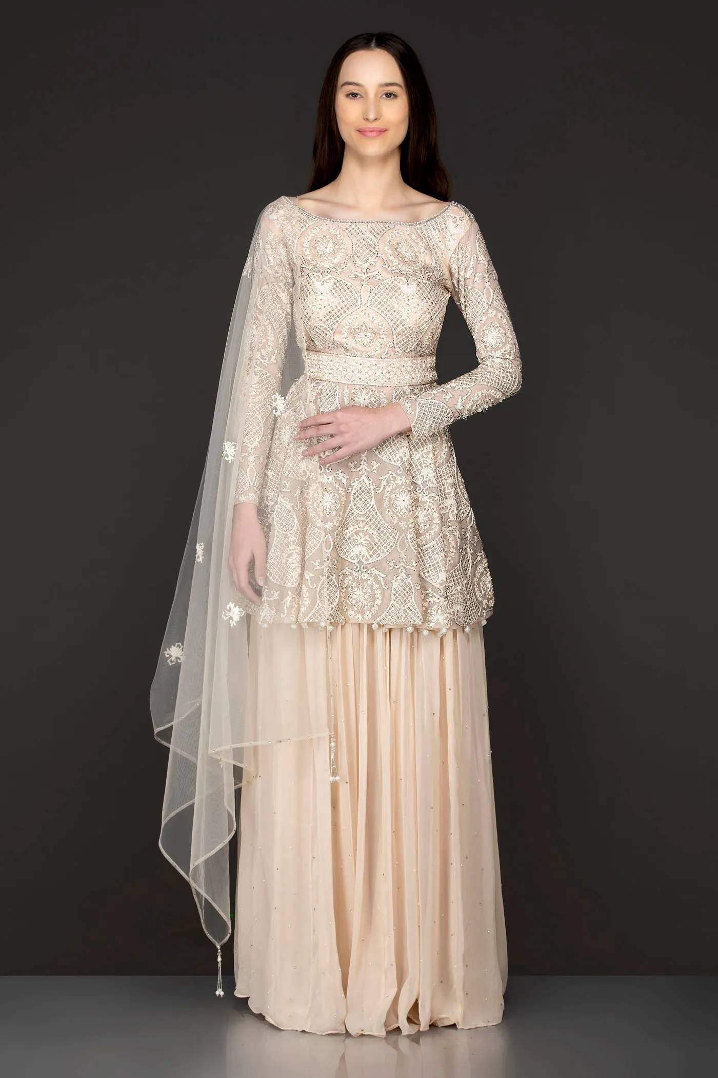 Ivory Colour Peplum Sharara With Tone To Tone Reasham/Thread Work