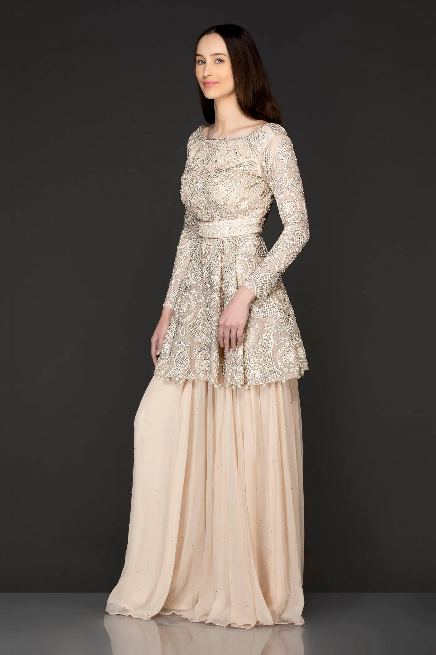 Ivory Colour Peplum Sharara With Tone To Tone Reasham/Thread Work