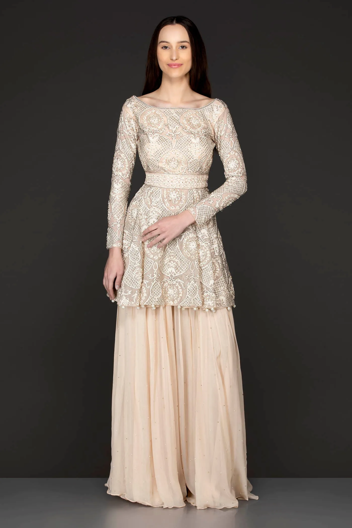 Ivory Colour Peplum Sharara With Tone To Tone Reasham/Thread Work