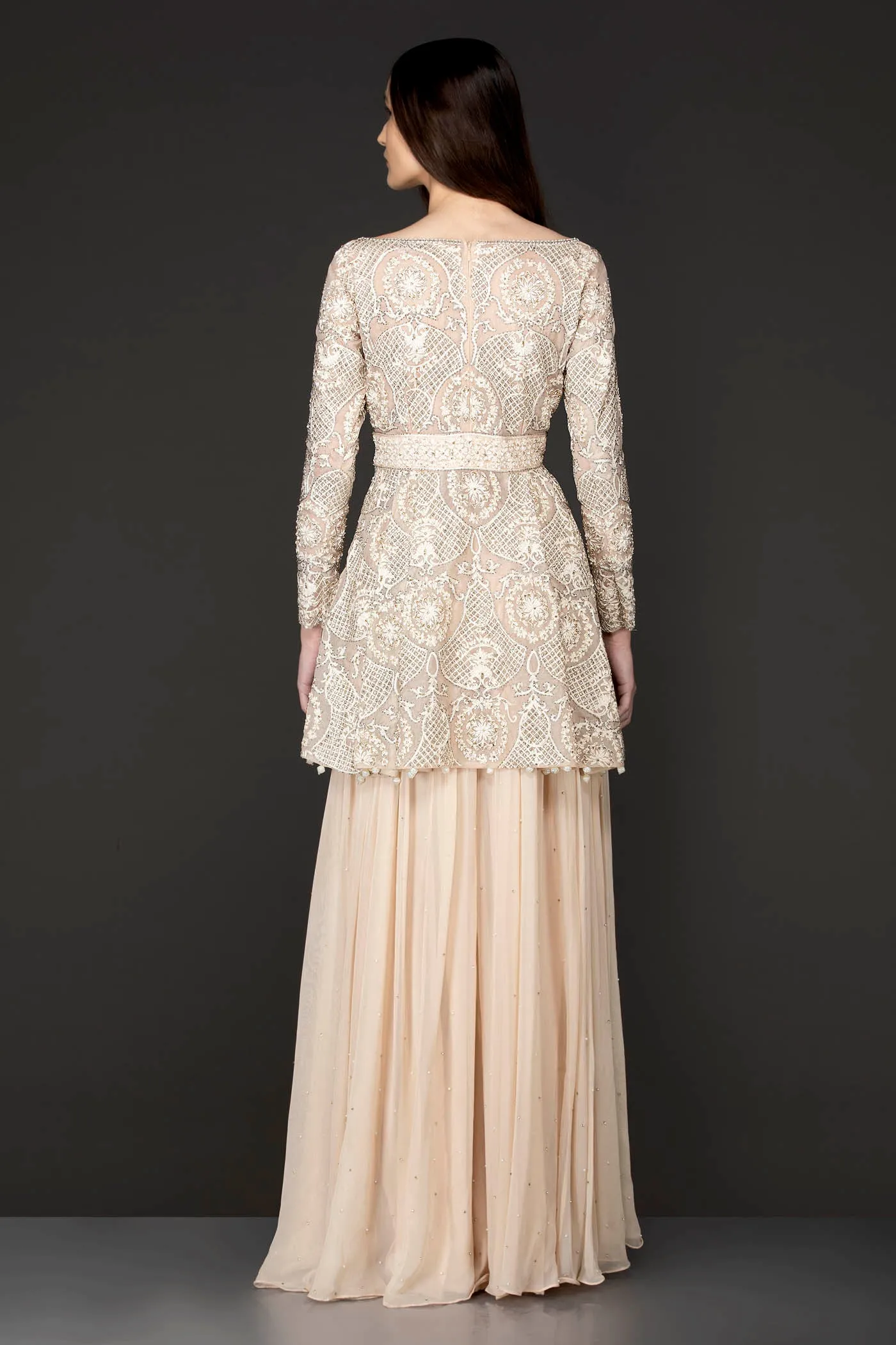 Ivory Colour Peplum Sharara With Tone To Tone Reasham/Thread Work
