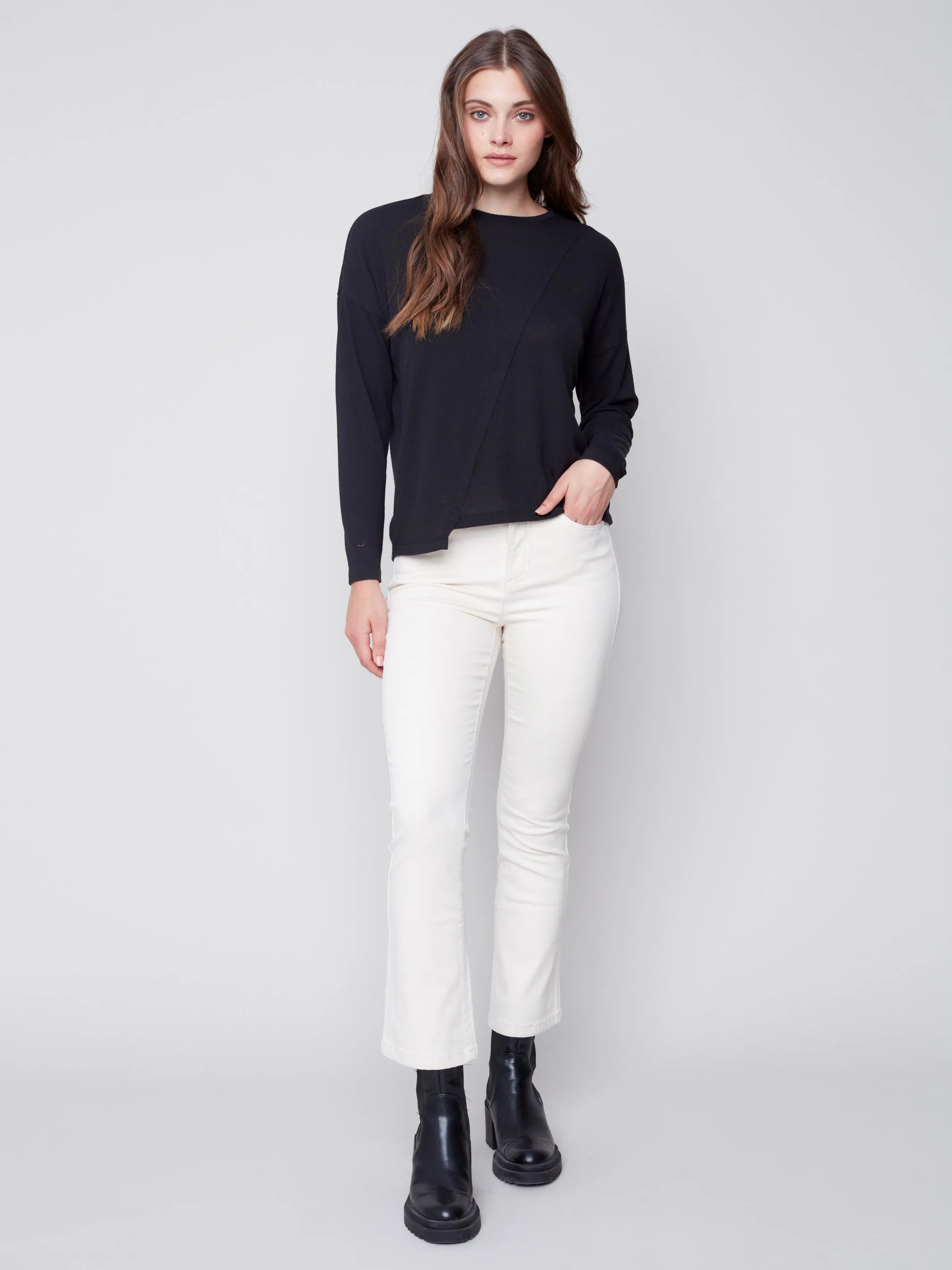 Knit Top with Diagonal Cut Detail - Black
