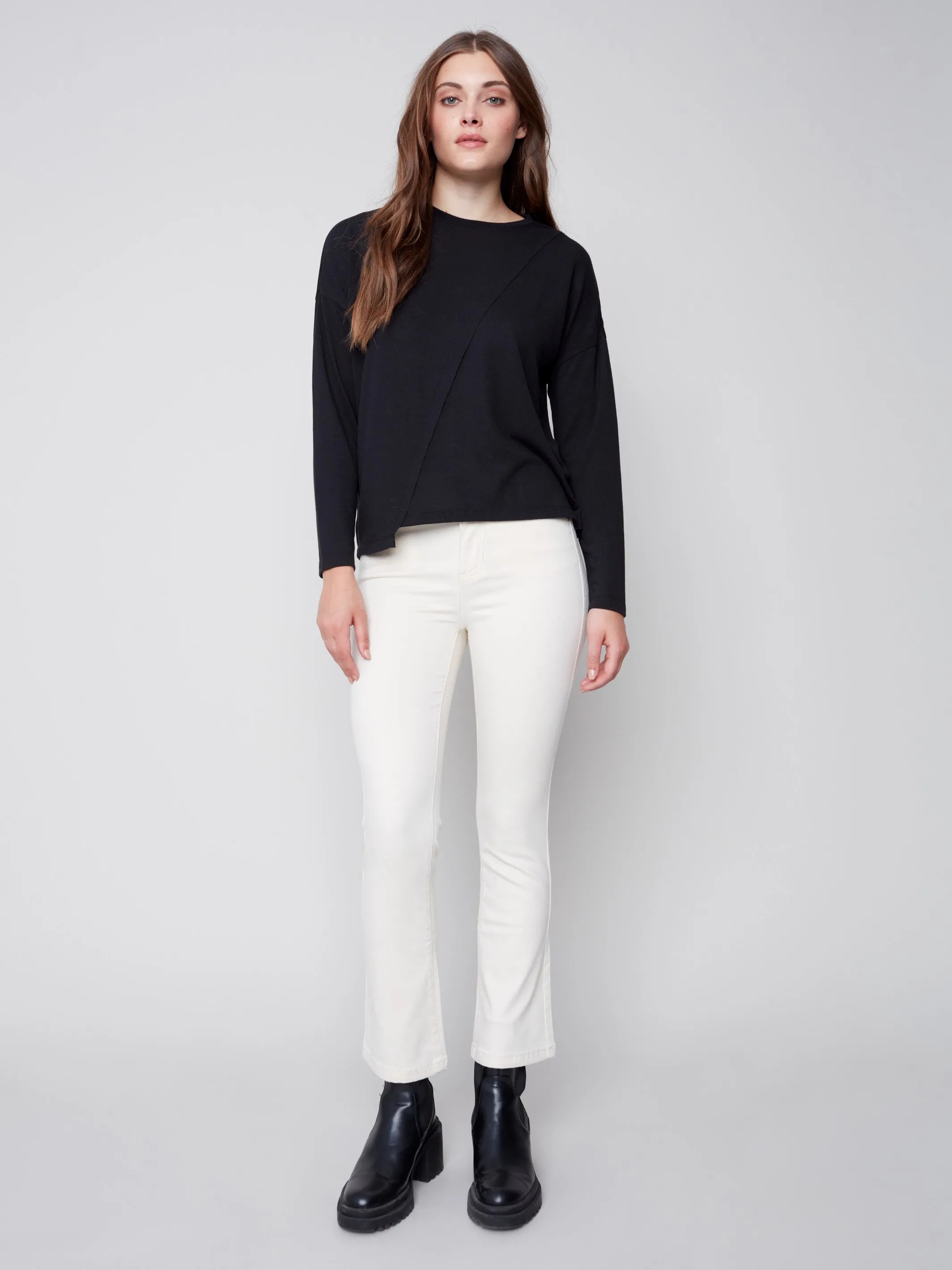 Knit Top with Diagonal Cut Detail - Black