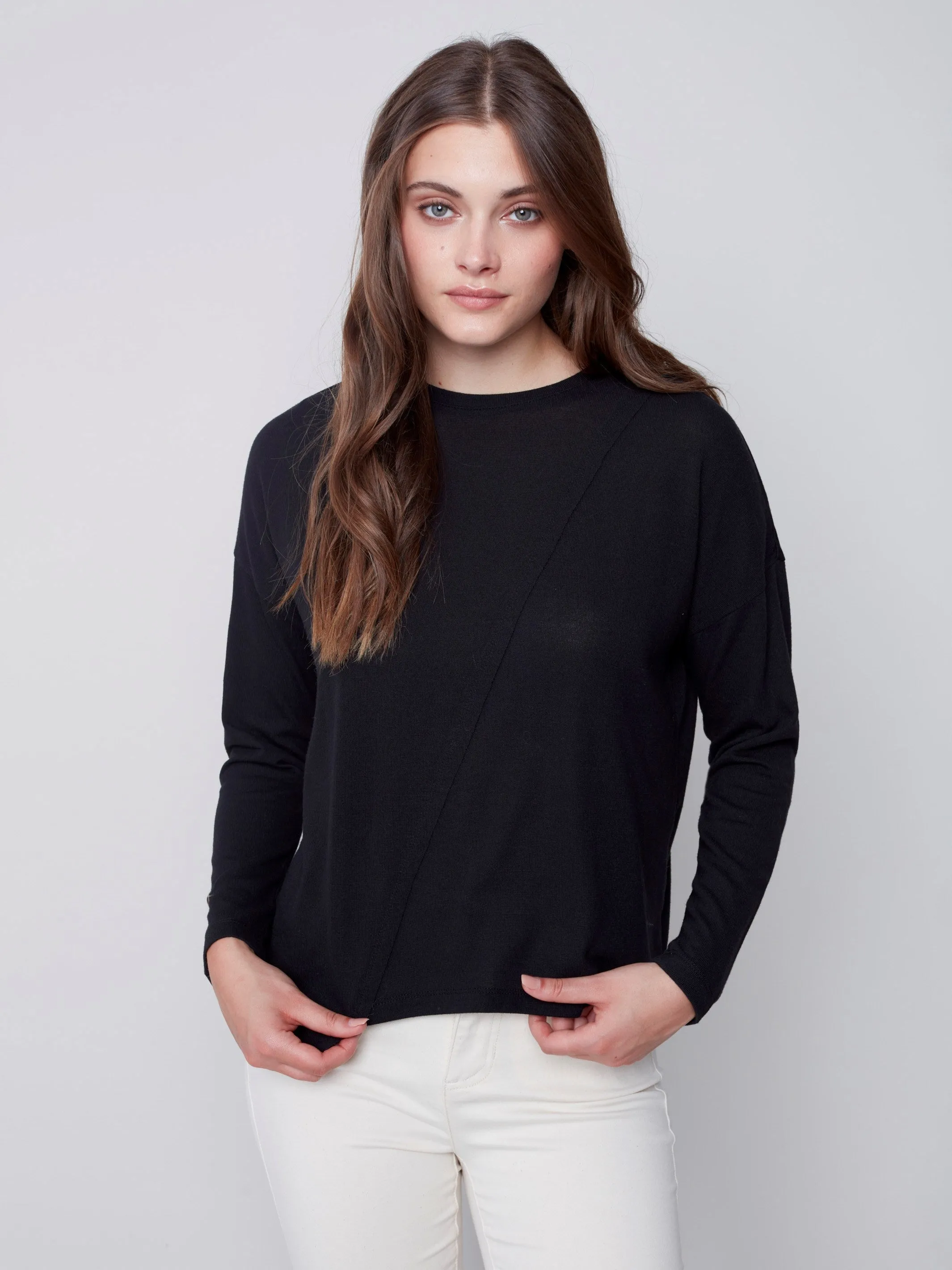 Knit Top with Diagonal Cut Detail - Black