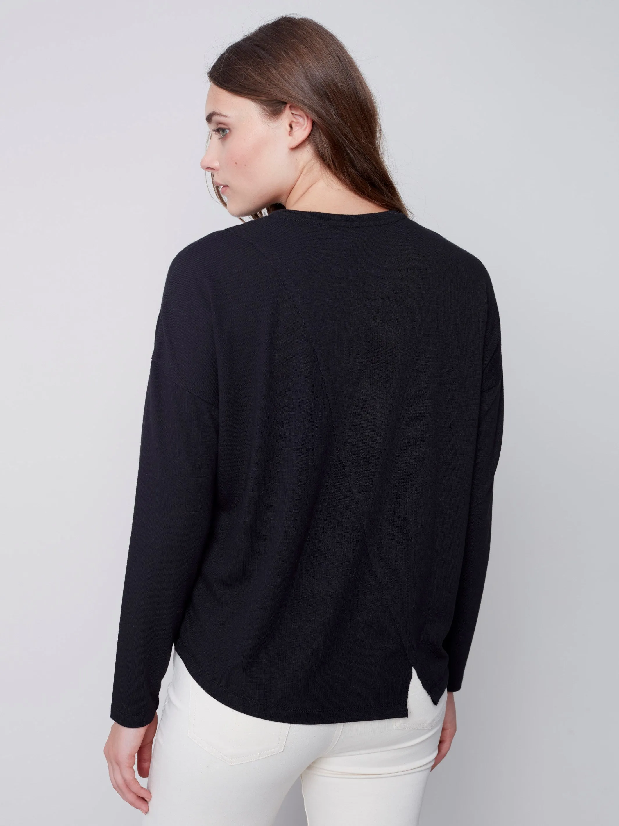 Knit Top with Diagonal Cut Detail - Black