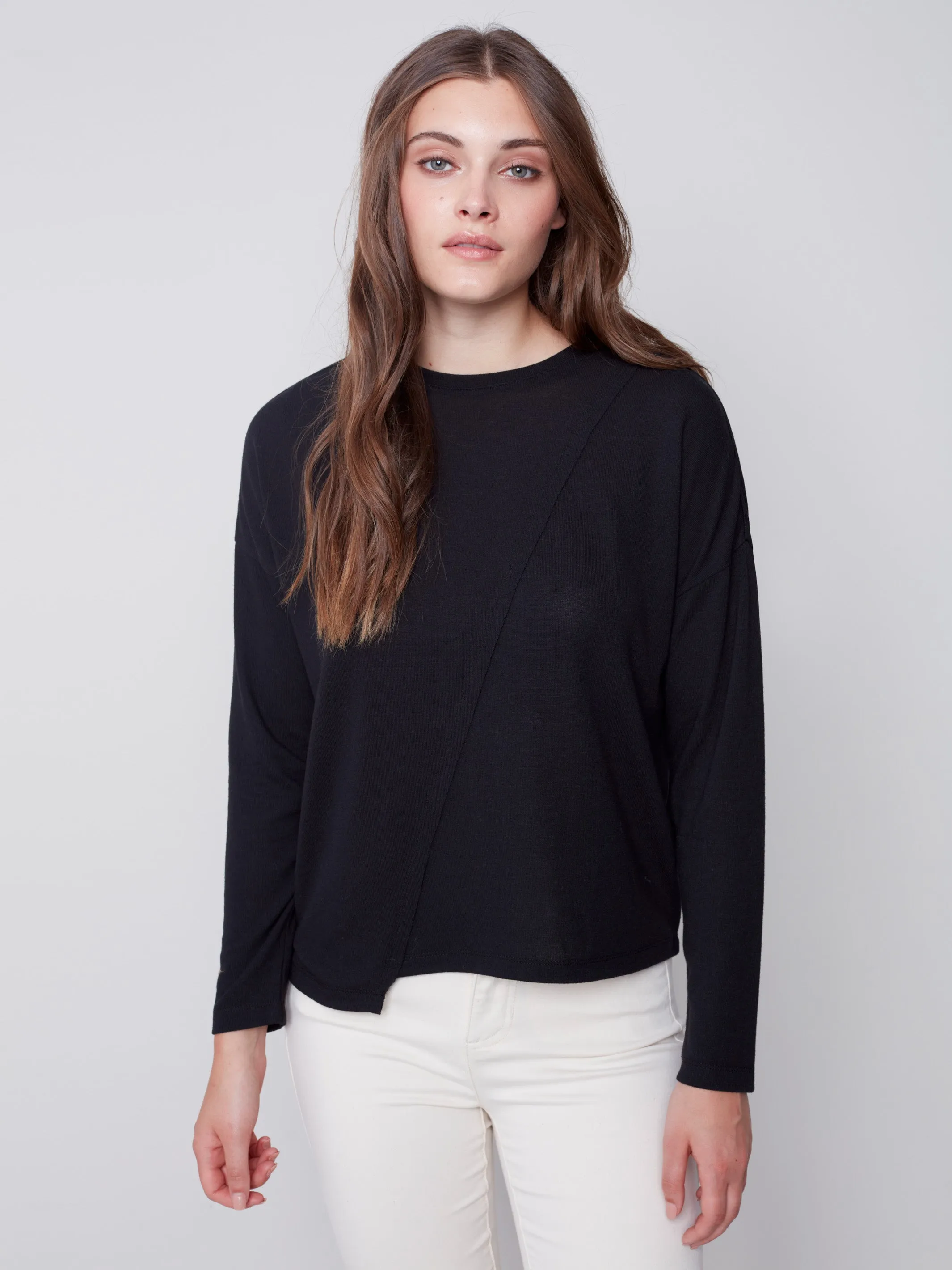 Knit Top with Diagonal Cut Detail - Black