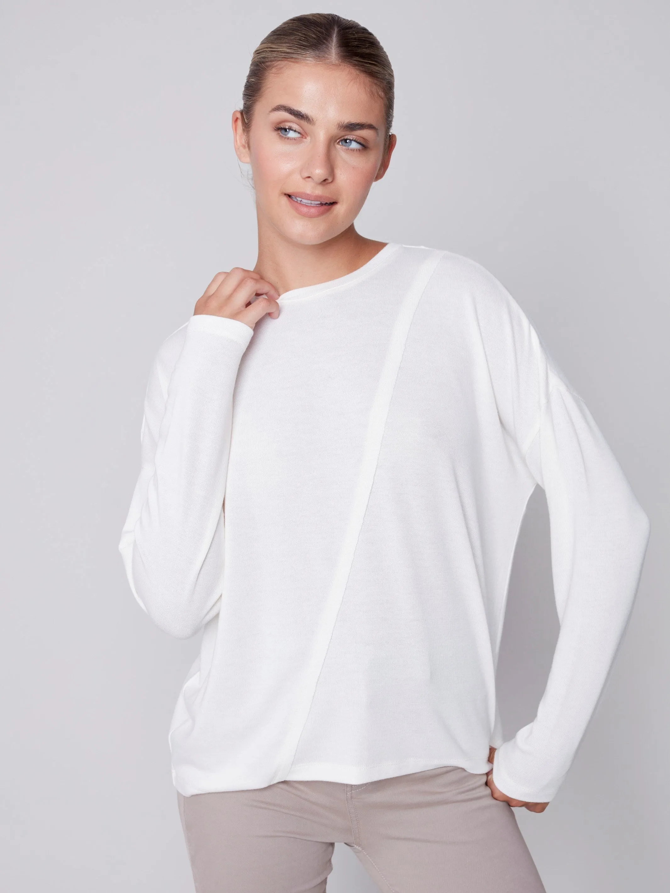 Knit Top with Diagonal Cut Detail - Cream