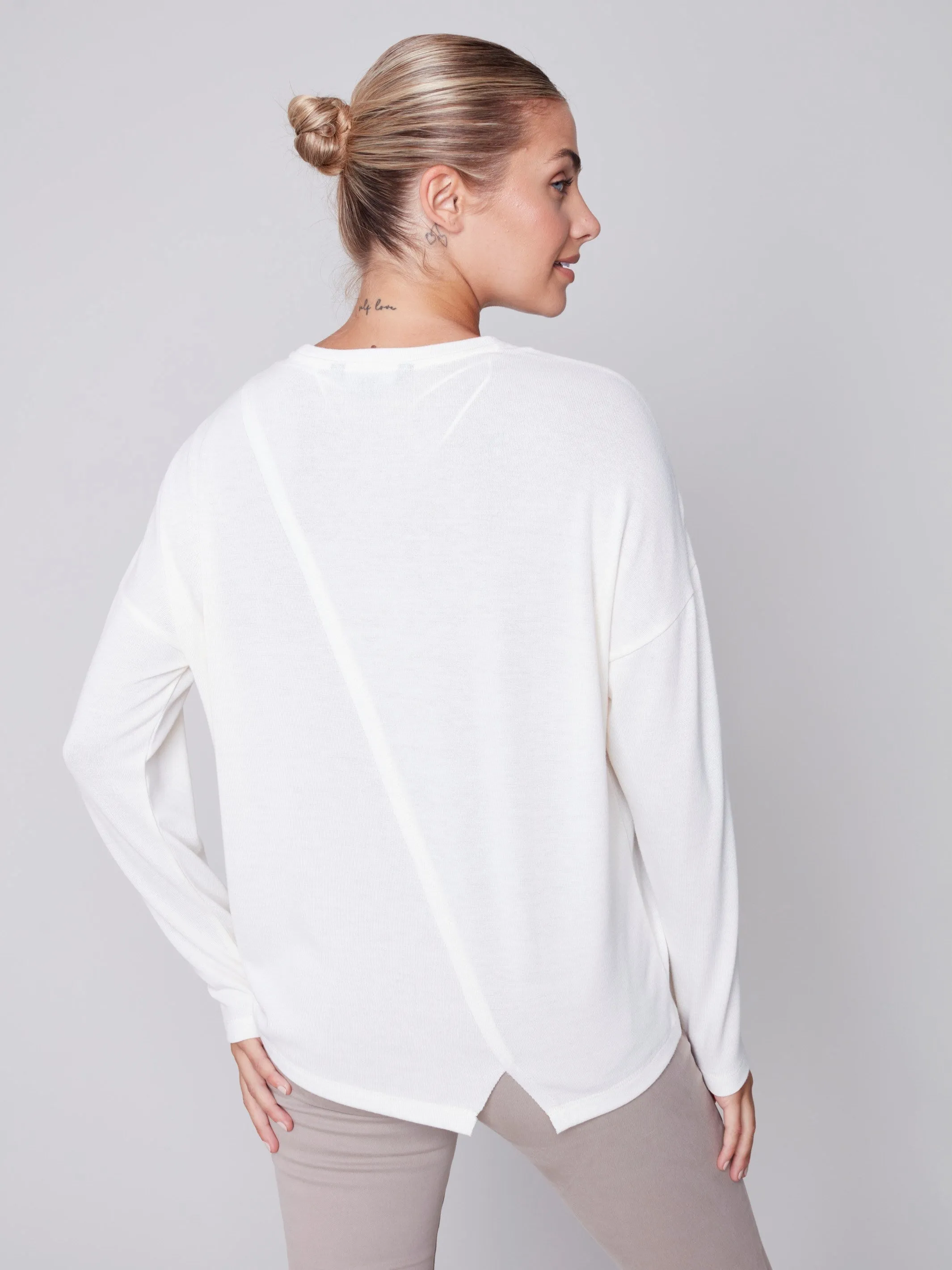 Knit Top with Diagonal Cut Detail - Cream